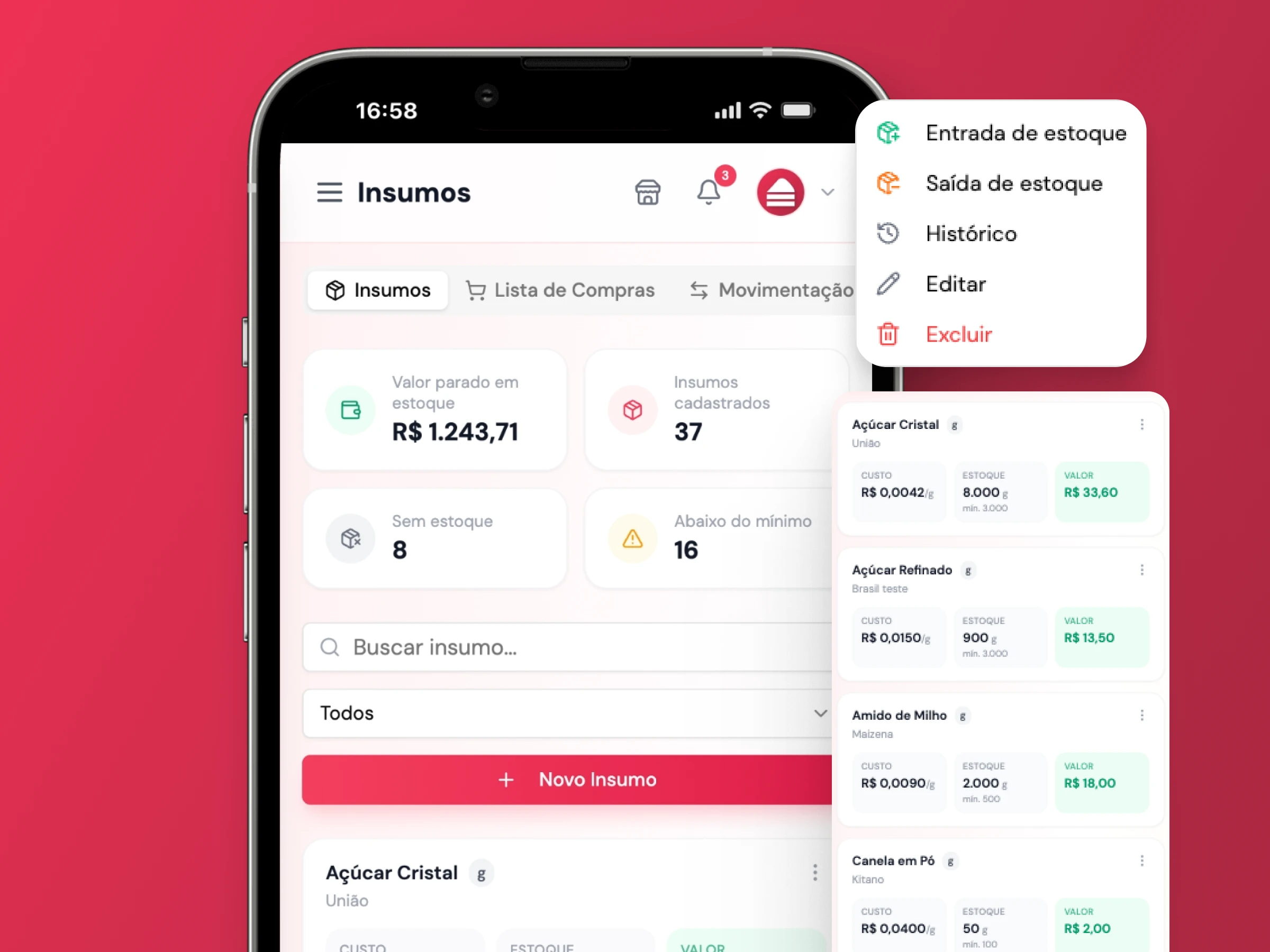 Controle de insumos e movimentação